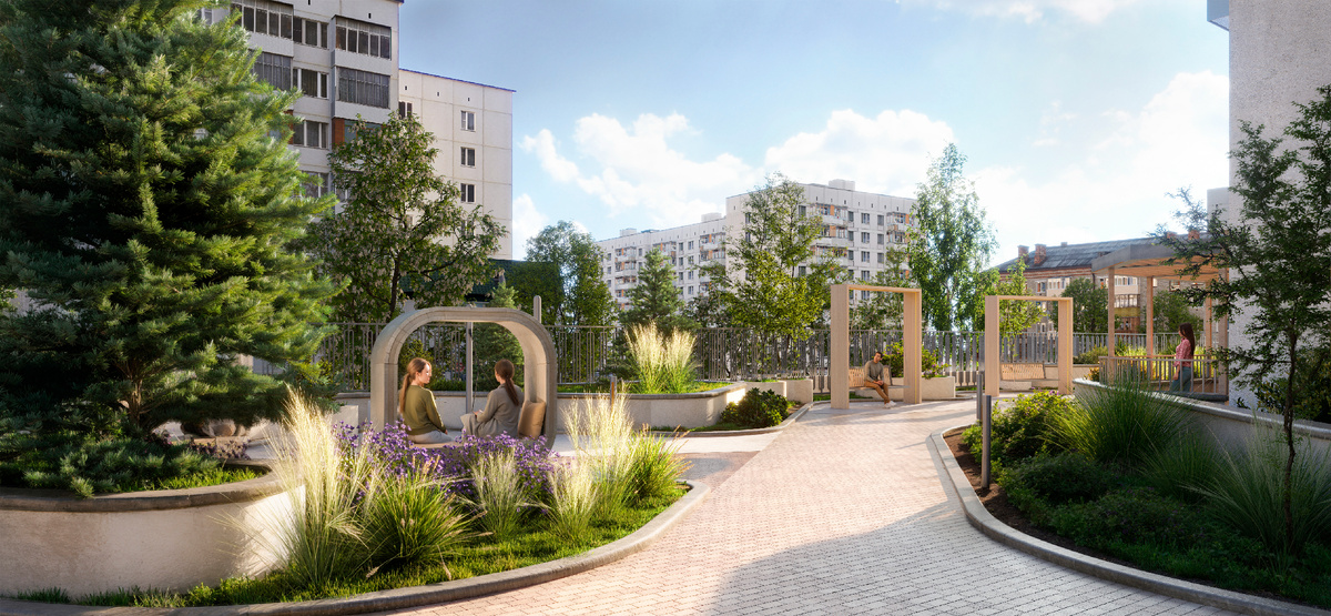 Двор расположится на уровне второго этажа, что придаст ему камерность и приватность