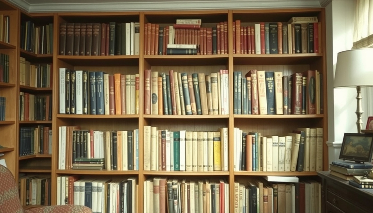    Книжная полка, наполненная книгами, в уютном интерьере квартиры советского интеллигента.