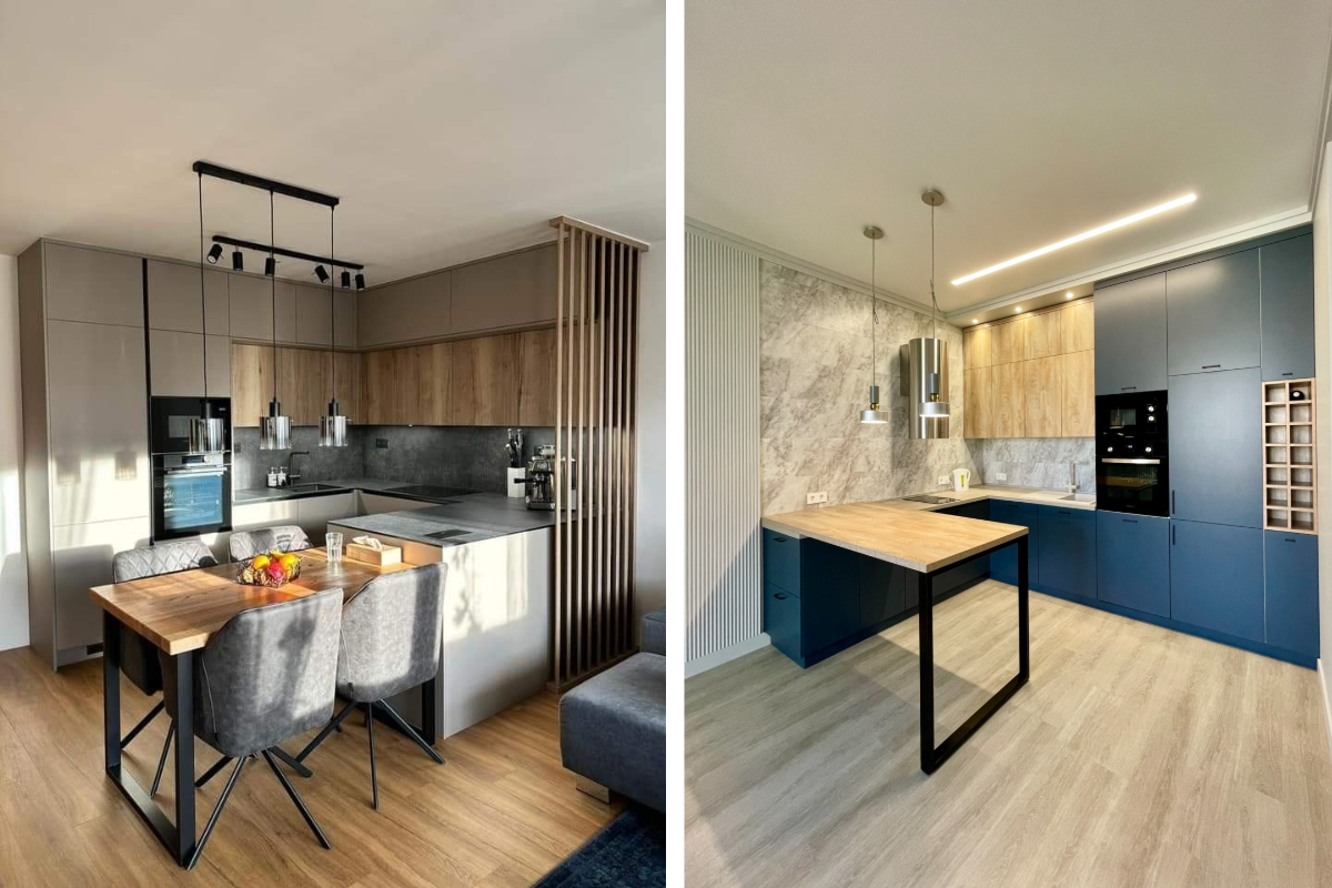 Барная стойка может быть рабочей поверхностью и разделять зону кухни от гостиной. 