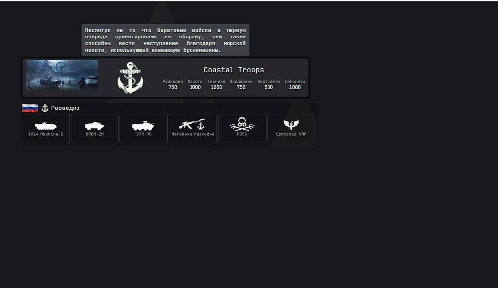 Карточка юнитов разведки Береговых Войск