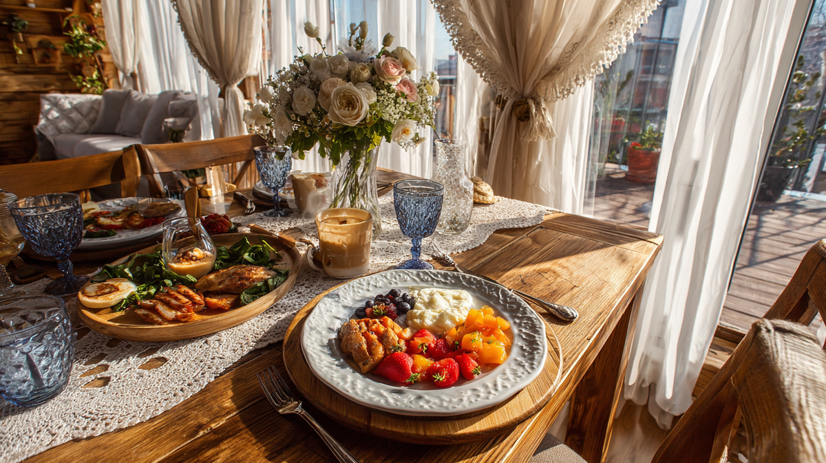 Уютный стол с блюдами кето-диеты: запечённое мясо, свежие овощи, ягоды, йогурт и кофе. Еда богата белками и полезными жирами, отражает концепцию кето детокса и очищения организма через правильное питание.