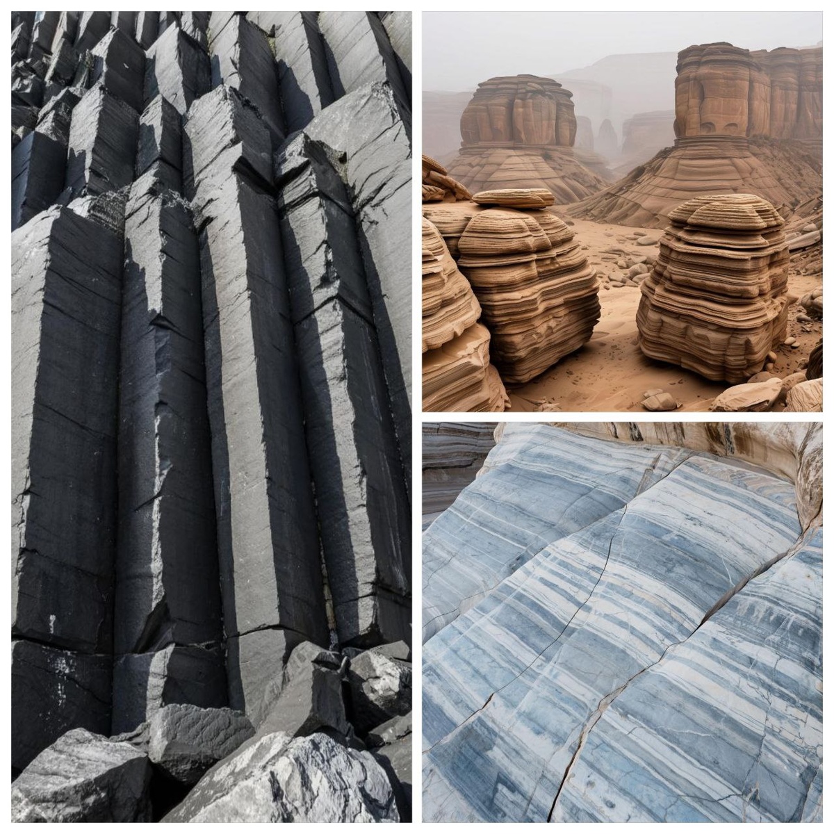 Магматические, осадочные и метаморфические горные породы — три кода камня. Изображение создано с помощью ИИ