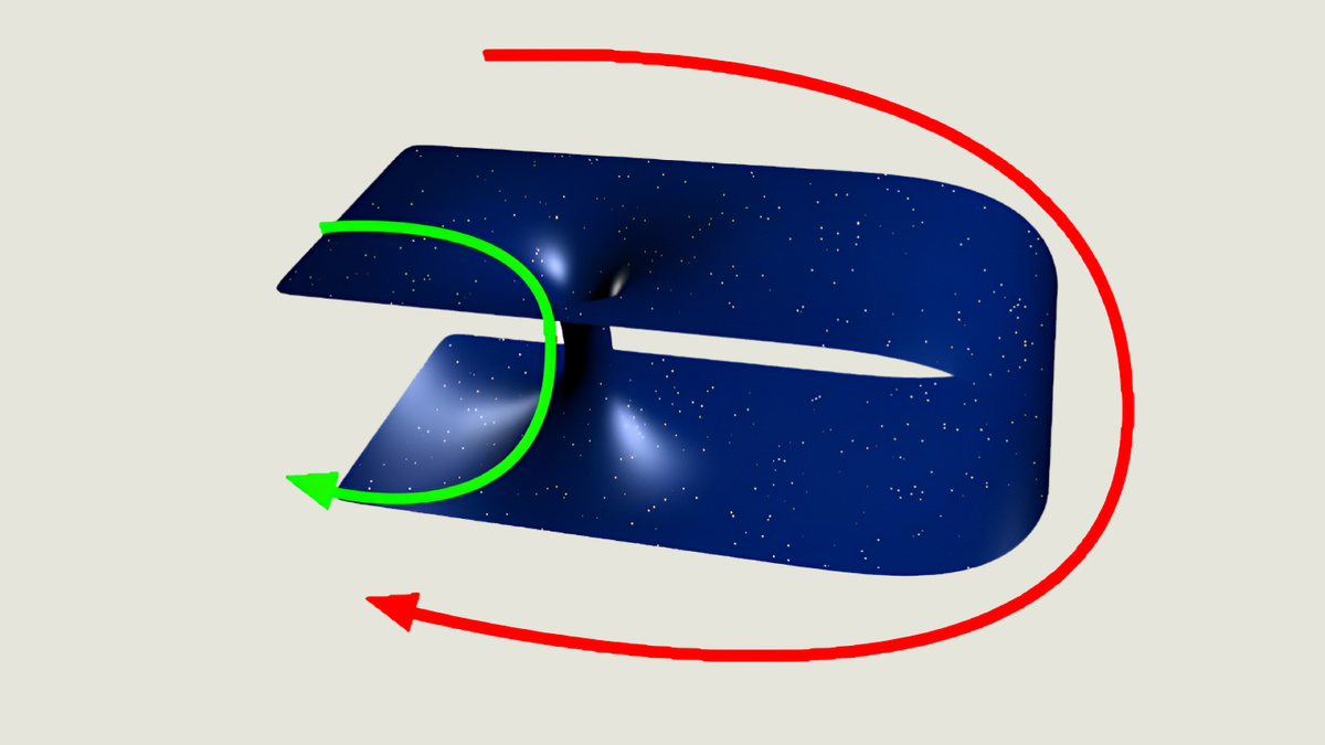     Фото: Wikipedia.org Двумерное сечение простой кротовой норы, представляющее собой соединенные горловиной устья (отверстия), которые открываются в удаленные друг от друга части Вселенной