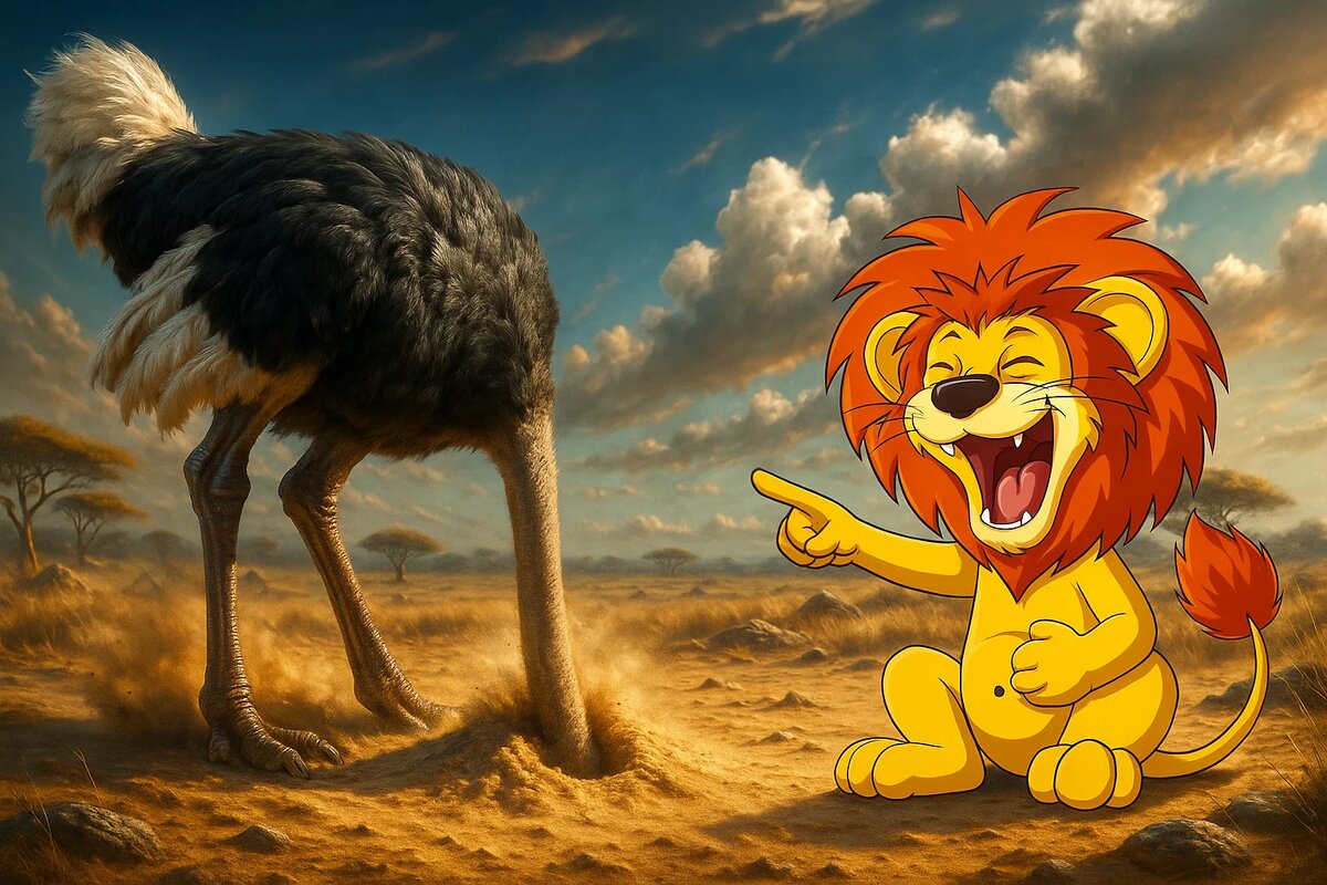 Африканский страус с головой в песке, а мультяшный львёнок, показывая на него пальцем, заливается смехом. Яркий контраст между реальностью и стереотипом, разоблачающий главный миф о страусах.