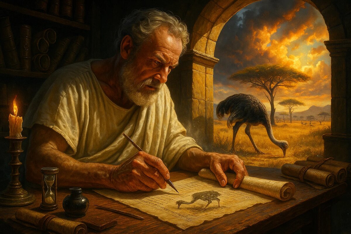 Древний учёный в римской тоге записывает наблюдения о страусе, а в арке видна реальная сцена из саванны. Так рождался миф: неправильно истолкованное поведение птицы стало «вирусным контентом» античности.
