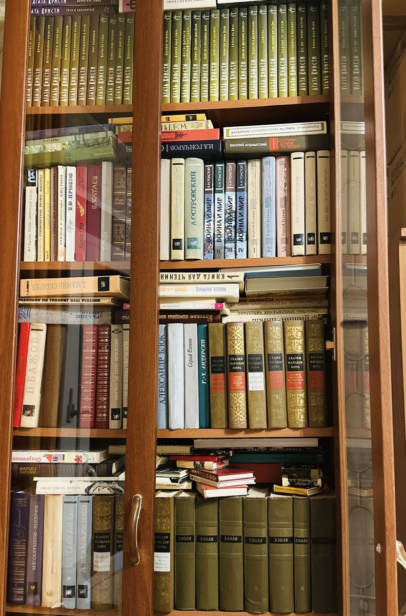 Один из моих книжных шкафов. Книг так много, что часть лежат сверху на других. 