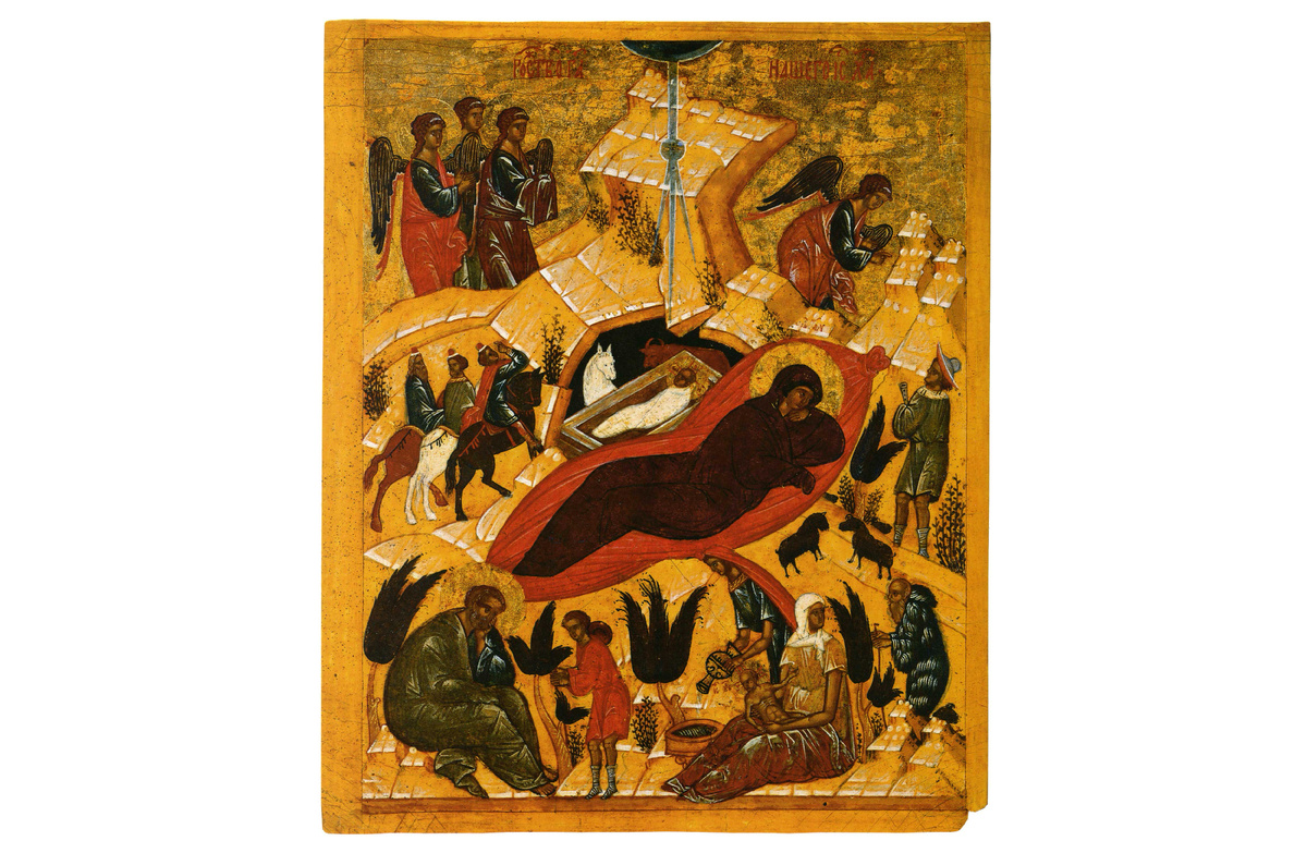 Рождество Христово. Двусторонняя икона-таблетка. Конец XV — начало XVI вв. Изображение воспроизводится по изданию: Вздорнов Г. И. Иконы-таблетки Великого Новгорода. Софийские святцы. М.: Гранд-Холдинг, 2007.