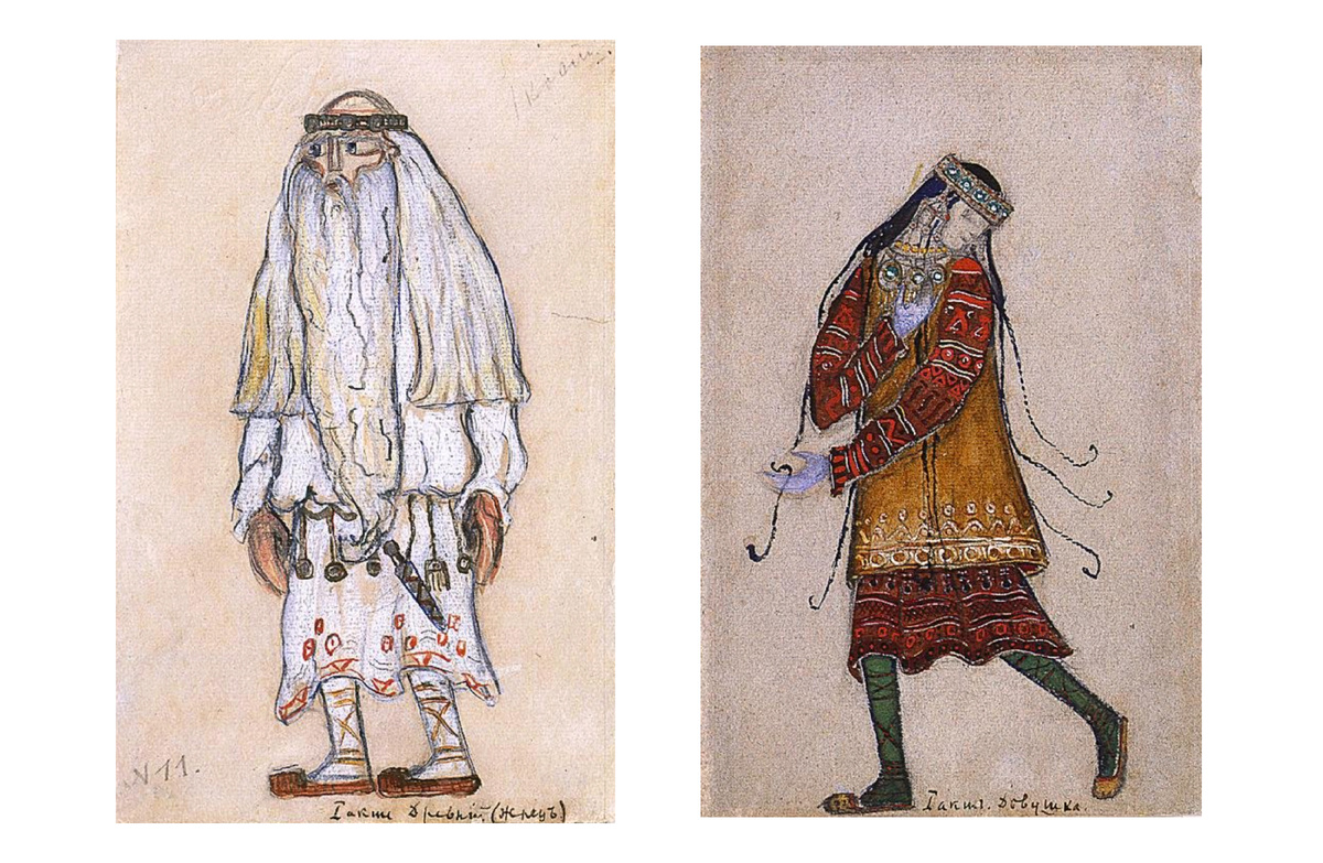 Рерих Н.К. Эскизы костюмов к балету И.Ф. Стравинского «Весна священная». Слева — Древний (Жрец); справа — Девушка. 1913. Краснодарский краевой художественный музей имени Ф.А. Коваленко