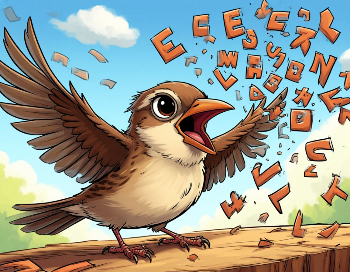 A comic scene: a sparrow with a giant open beak from which letters and words are flying out, trying to catch them with its tiny paws, cartoon style, funny and chaotic --ar 16:9 --v 6.0 --style raw
