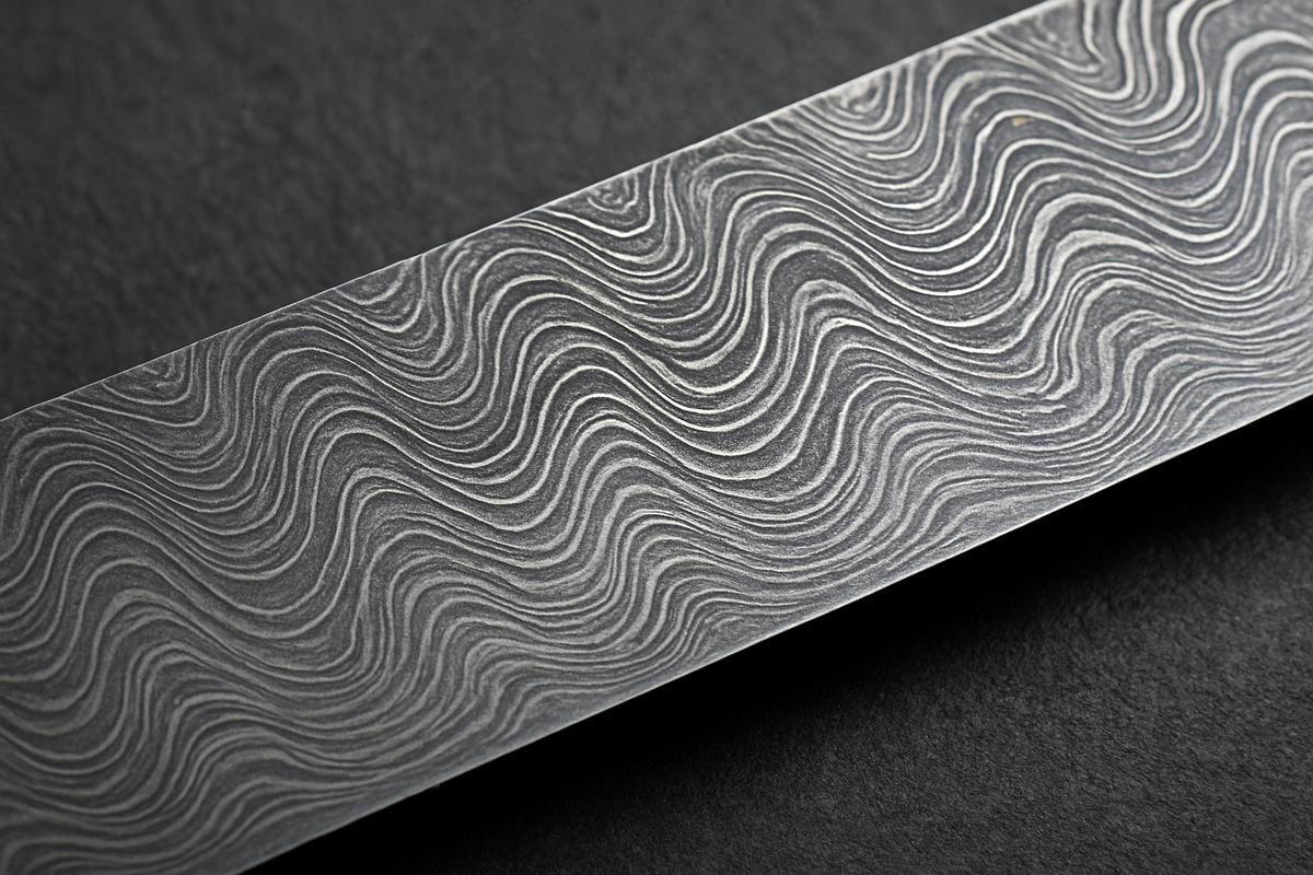 Фото: поверхность булатной стали с типичным рисунком, возникающим вследствие неравномерного распределения карбидов железа. Коллаж РСИ.