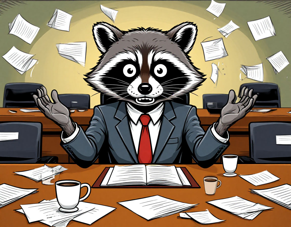 A confused cartoon raccoon in a business suit sitting at a long conference table, empty coffee cups everywhere, hands spread in a helpless gesture, comic style, muted office colors --ar 16:9 --v 6.0 --style raw