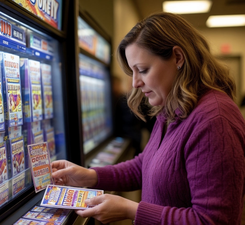 Женщина покупает лотерейный билет