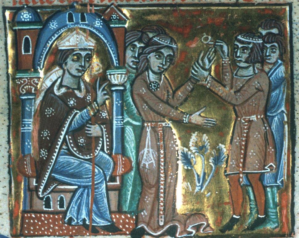 Миниатюра из итальянского манускрипта «Декреталии папы Григория IX»,
 ок. 1241 г. (манускрипт хранится в Англии в Bodleian Library 
Оксфордского университета).