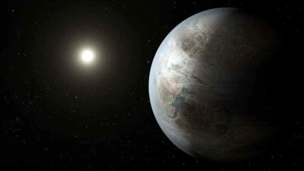 На иллюстрации  изображён один из возможных вариантов планеты Kepler-452b, первого мира размером с Землю, обнаруженного в обитаемой зоне звезды, похожей на наше Солнце. Сredit: NASA Ames/JPL-Caltech/T. Pyle.