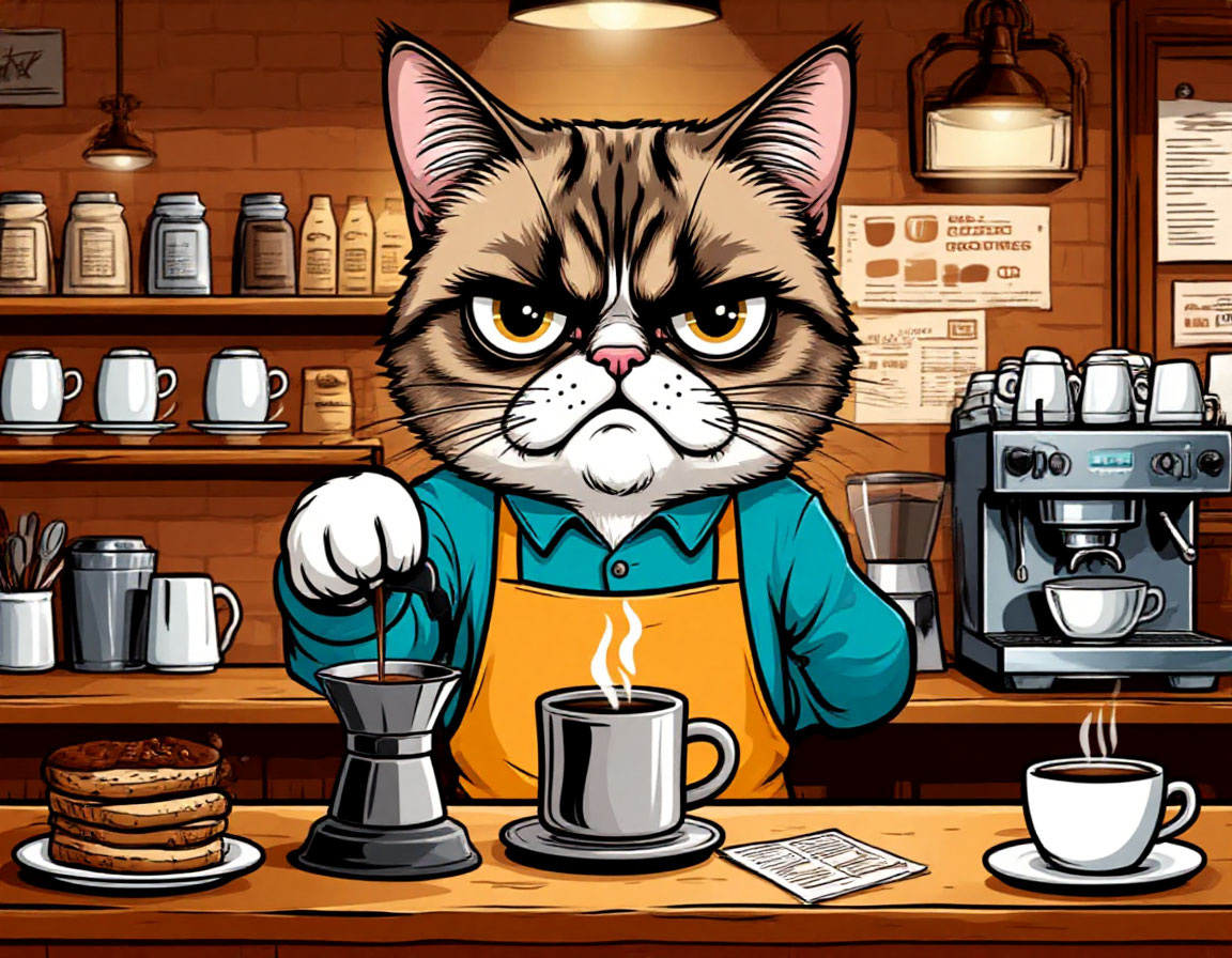 A grumpy cat barista with a tiny apron making coffee, rolling eyes, surrounded by complicated coffee orders, cartoon style, cafe background, comedic exhaustion --ar 16:9 --v 6.0 --style raw