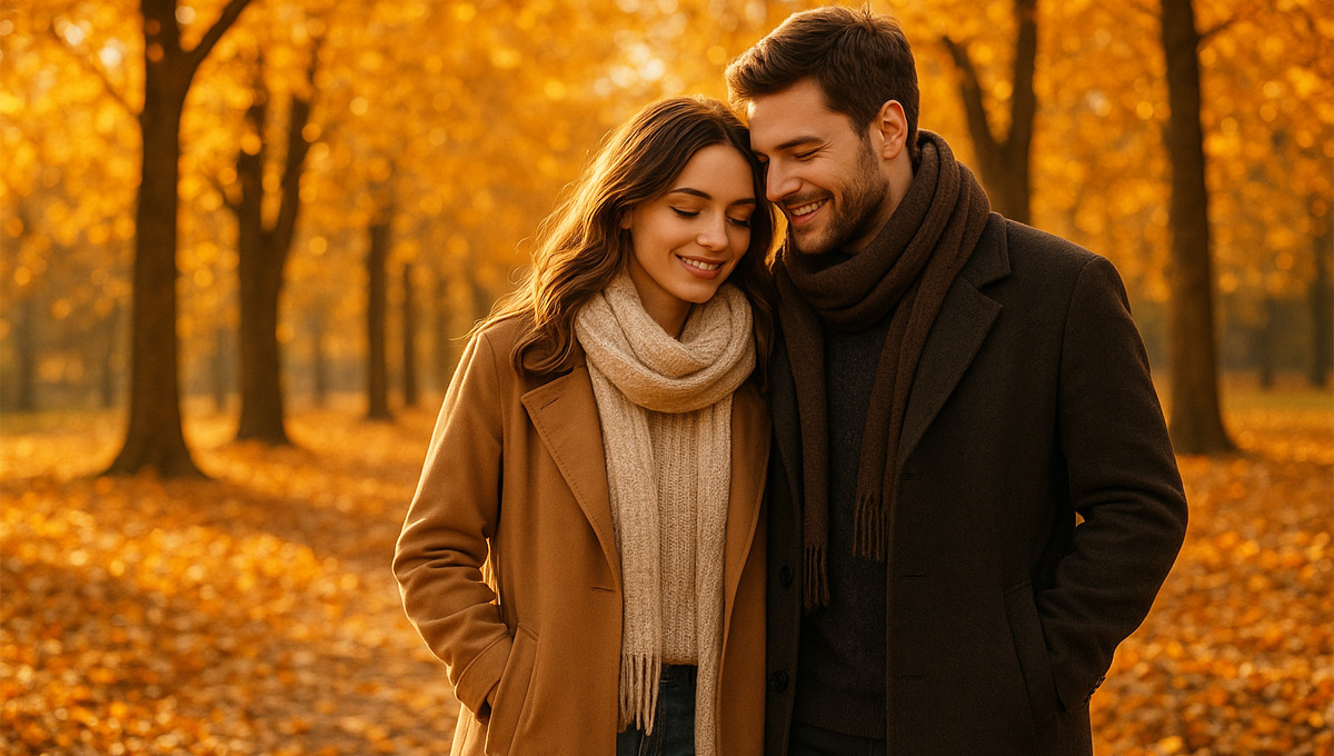 Уютный осенний парк, пара в стильной одежде, золотые листья вокруг.