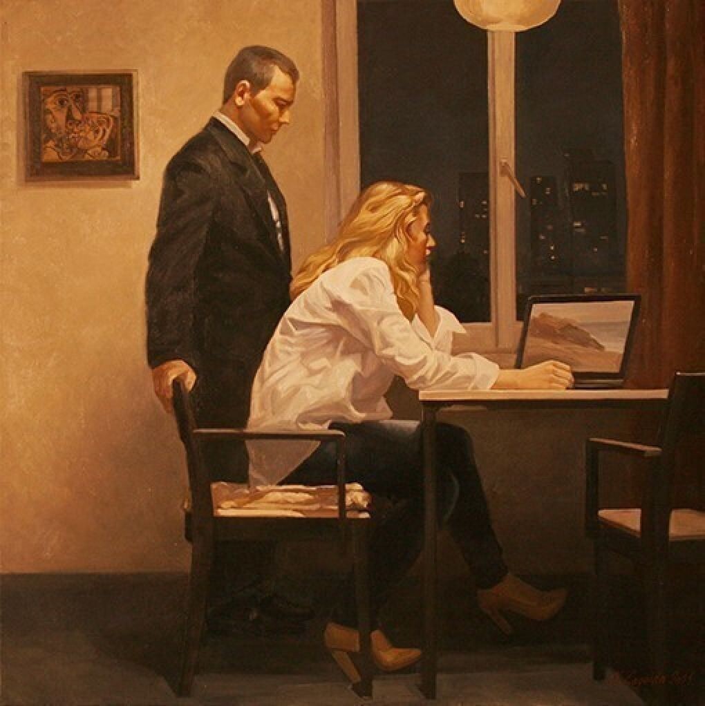 КАРТИНА ХУДОЖНИКА Ф. СКОТТ ГЕССА / F. Scott Hess / *1955 / США / Воспоминания о прошлом лете /  2014  /  На стене рассмотрел картину Пикассо " Поцелуй "