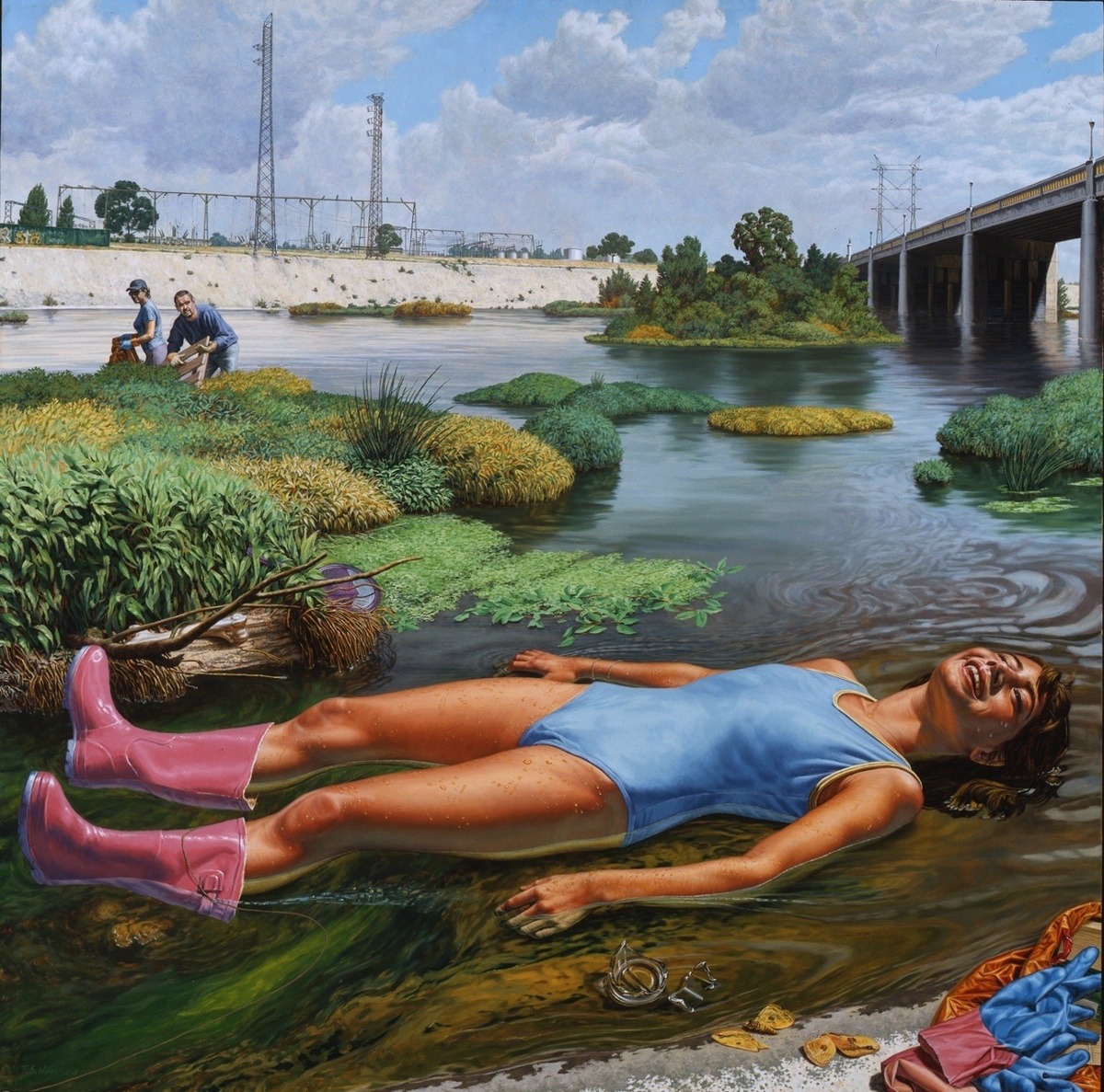 КАРТИНА ХУДОЖНИКА Ф. СКОТТ ГЕССА / F. Scott Hess / *1955 / США /    МЕРА ЖИЗНИ / «Мера жизни» тонко подчёркивают мысль о том, что Хесс — отчуждённый художник, даже в кругу своей семьи. На этой картине Гесс и его жена-иранка стоят близко друг к другу, но он смотрит в одну сторону, а она — в другую, что наводит на мысль о том, что они немного не ладят и даже сильно отличаются друг от друга, в то время как одна из их дочерей счастливо плывёт далеко от них по реке, которую они чистили от растений.