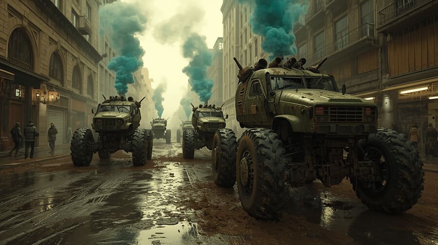 По улицам, оглушительно тарахтя, носились уродливые, облезлые машины…