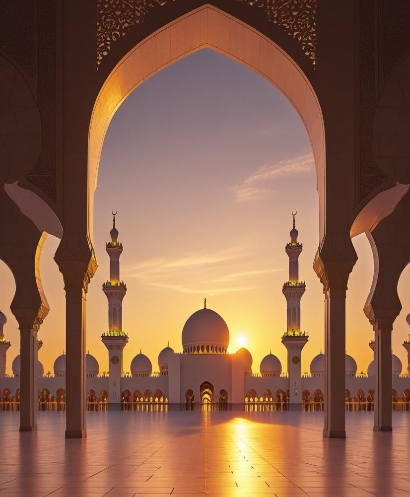 Белая мечеть в Абу-Даби на закате. 