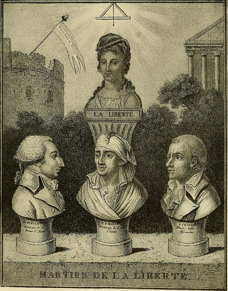 Современная гравюра, изображающая лионского якобинца Жозефа Шалье как мученика за свободу вместе с Маратом и Ле Пелетье де Сен-Фаржо 