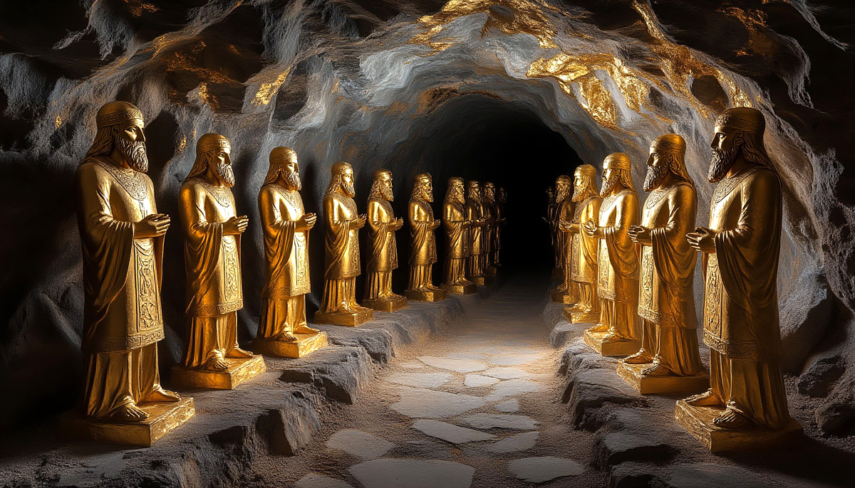 Золотые скульптуры, похожие на шумерских царей.