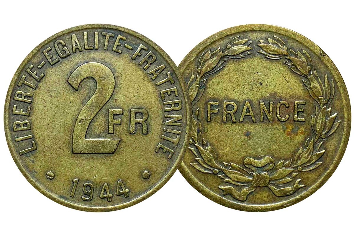 Монета 2 франка 1944 года — Франция (KM#905 Филадельфийский мондвор) 