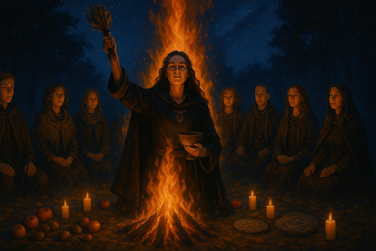 Ритуалы Самайна без хоррор-клише: ведьма проводит обряд у костра, объединяя людей, огонь и память предков. Практики Ночи Духов, которые дают силу и ясные границы.
