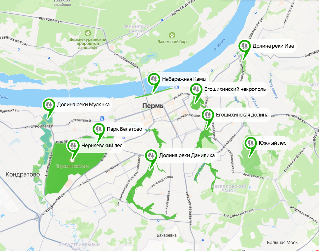 Схема расположения объектов «Зелёного кольца» г. Пермь  📷
