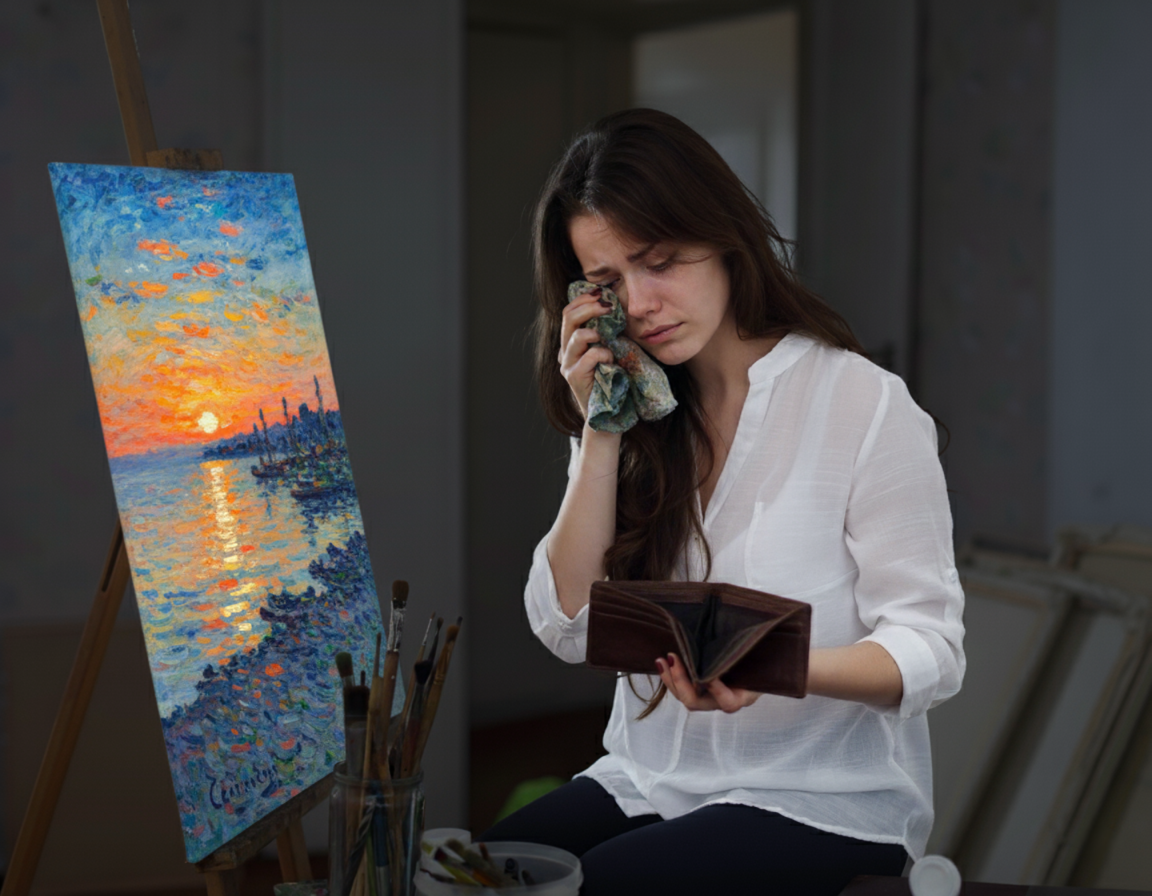 художница плачет у мольберта