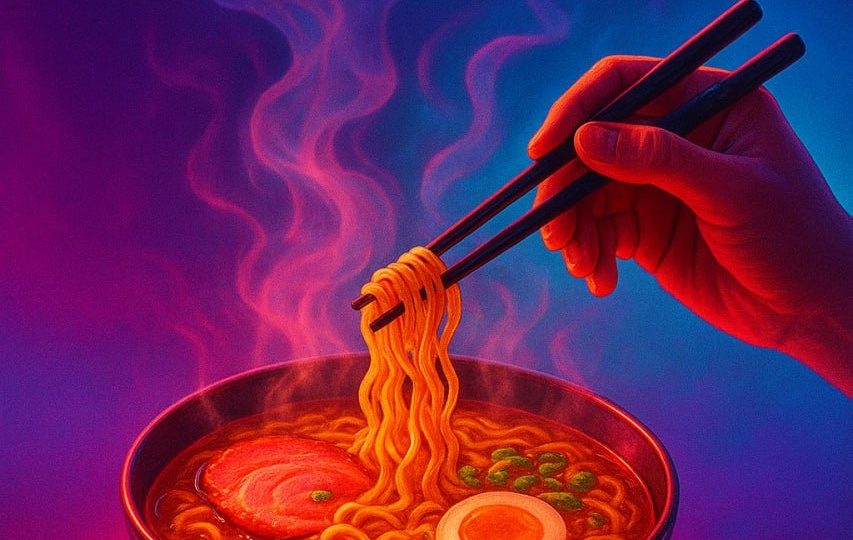 🎶 Сцена из дорамы: герой сидит за столиком, дымящийся рамён в руках, за окном — огни большого города