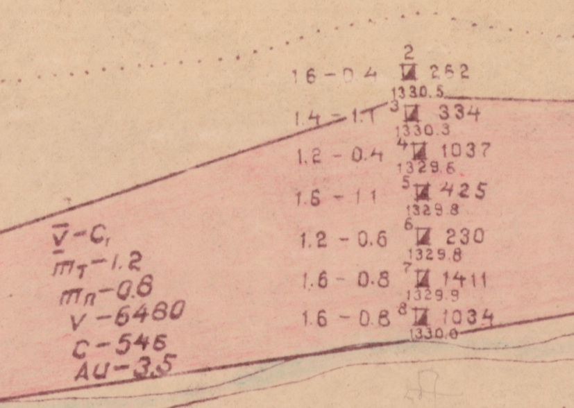 Рис. 2 План подсчёта запасов. На плане шурфовая линия с обозначениям. Геологическая карта с обозначением содержания золота на пласт.  