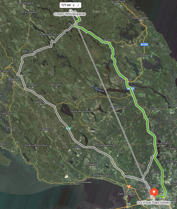 Маршрут и расстояние до озера Непокорное.