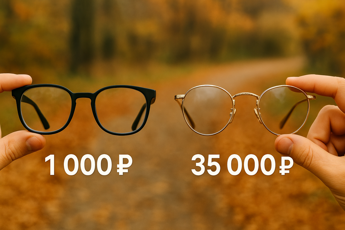 Дешевые и дорогие очки. Слева очки за тысячу, справа очки за тридцать пять тысяч рублей.
