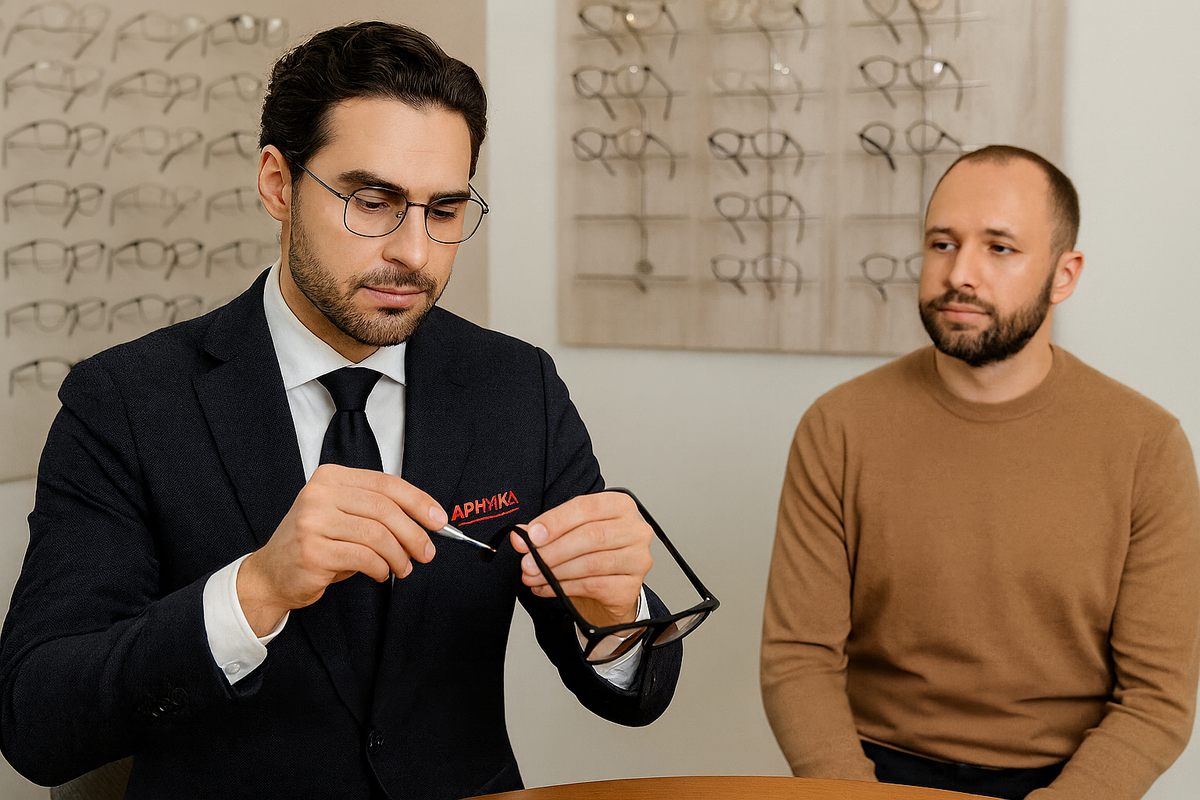 Мастер оптики регулирует очки клиента