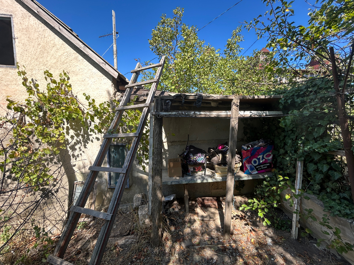 Допустим здесь, на месте лестницы (там между домом и пристроем видно окошко из сарая, из которого можно протянуть эл.провод).