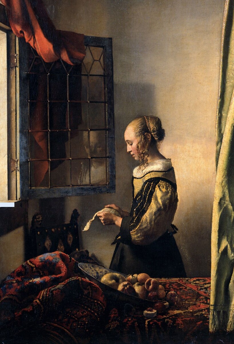Ян Вермеер (Johannes Vermeer). Девушка, читающая письмо у открытого окна. Холст, масло. 1657-1659. Дрезден.