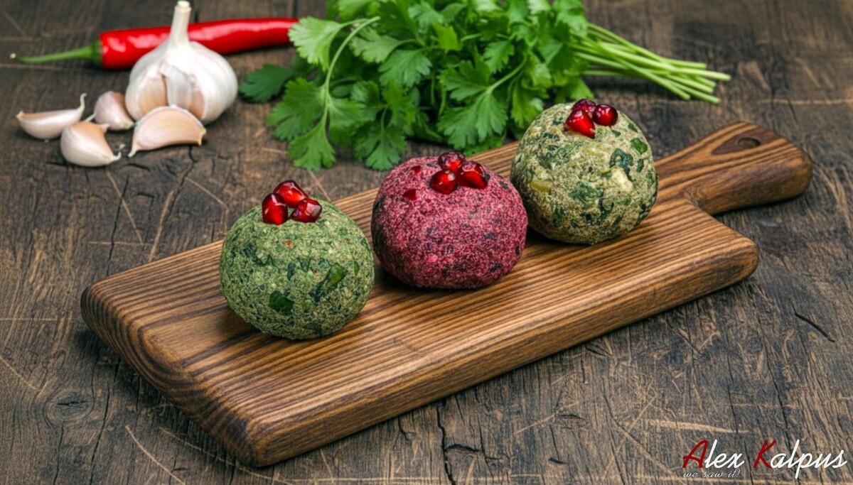 Пример подачи набора для одной персоны пхали из шпината, свеклы, смеси трав (миндврис пхали)