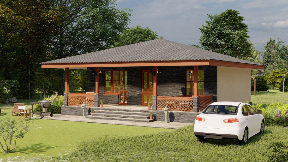 Основной стилистический приём - сочетание материалов внутренней и внешней отделки. Простое решение, а смотрится эффектно.