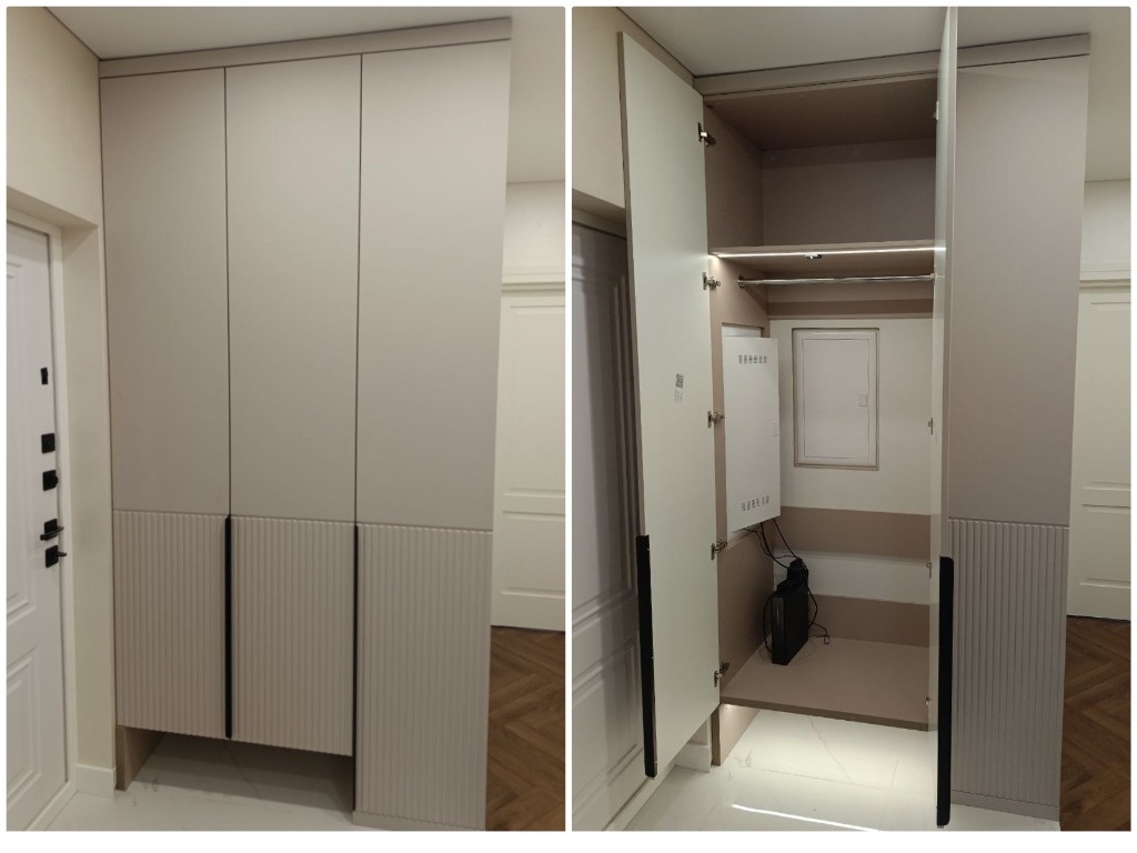 Шкаф для прихожей в пленке “Сантьяго”. Практично и красиво. Кстати, в этом проекте предусмотрена ниша для “грязной зоны”.