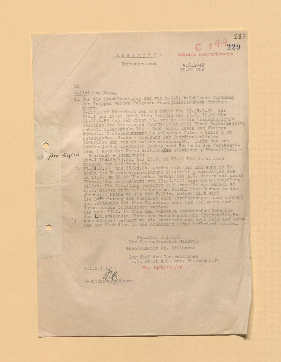 Основное: С 18:00 13 июня дивизии СС "Норд" передаётся участок 2-го батальона 53-го полка.