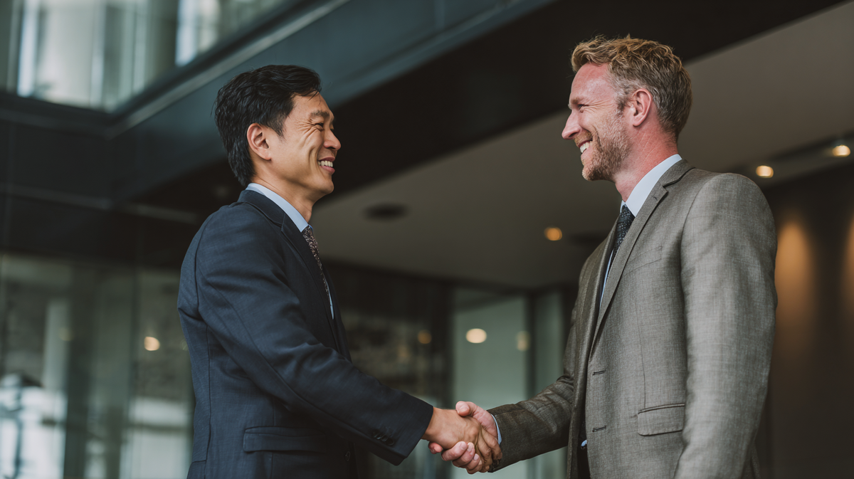 Деловая встреча двух бизнесменов — китайский и европейский партнёры улыбаются и жмут руки в офисе. Символ взаимного уважения и успешного сотрудничества, о котором говорит статья «Бизнес-китайский: фразы и слова, которые действительно нужны».