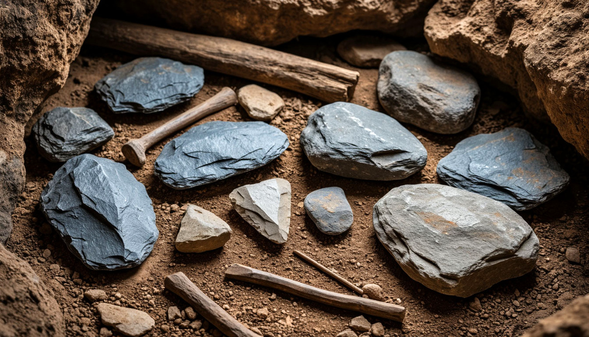 Каменные скребки и окаменевшие кости.