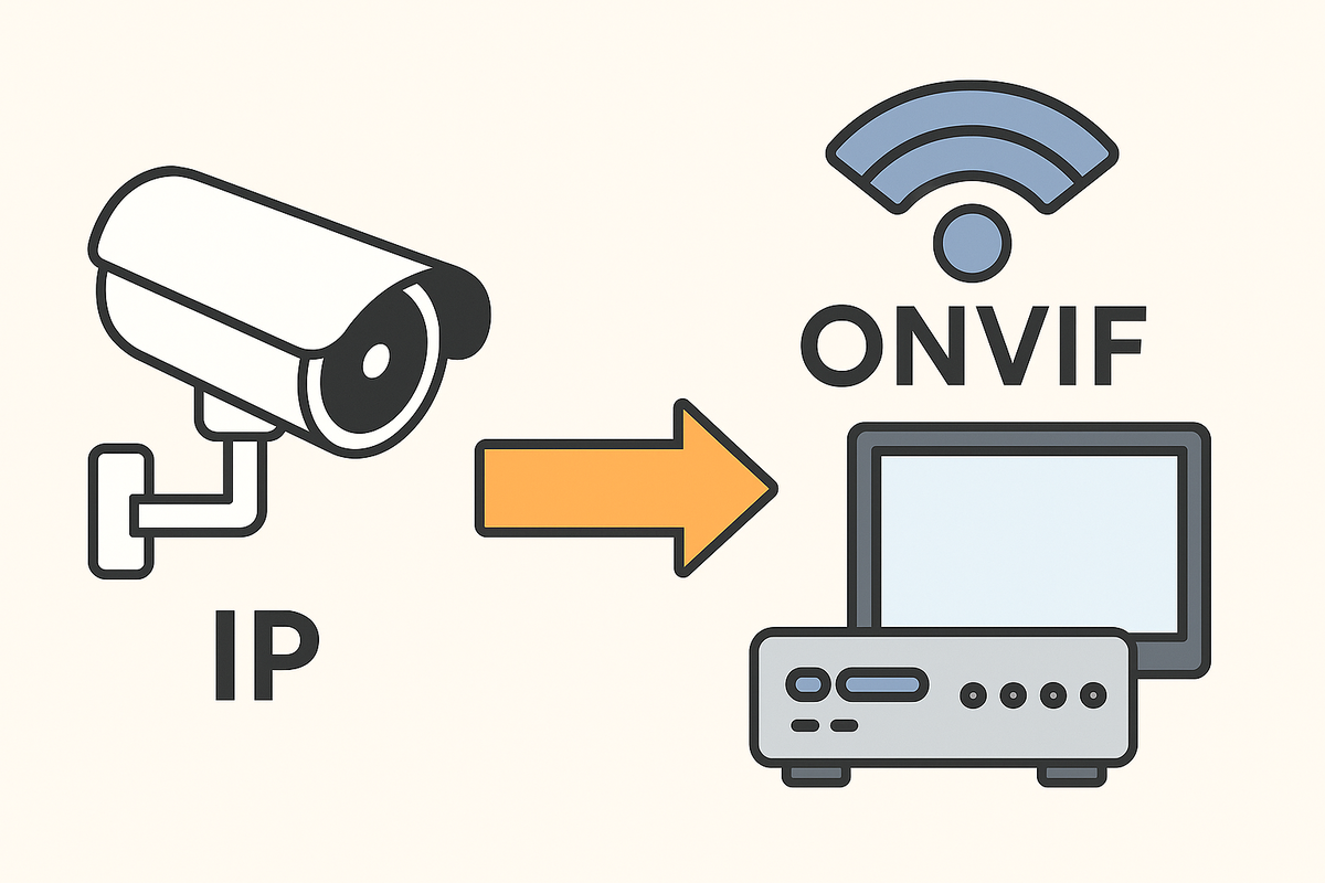 Принцип работы ONVIF: IP-камера передаёт видеопоток по единому стандарту, обеспечивая совместимость с видеорегистраторами и системами разных производителей.