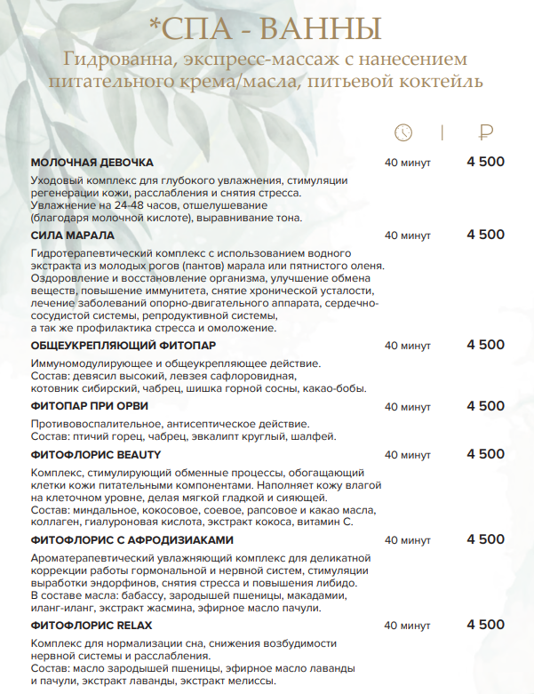 СПА-меню Wind Rose Wellness