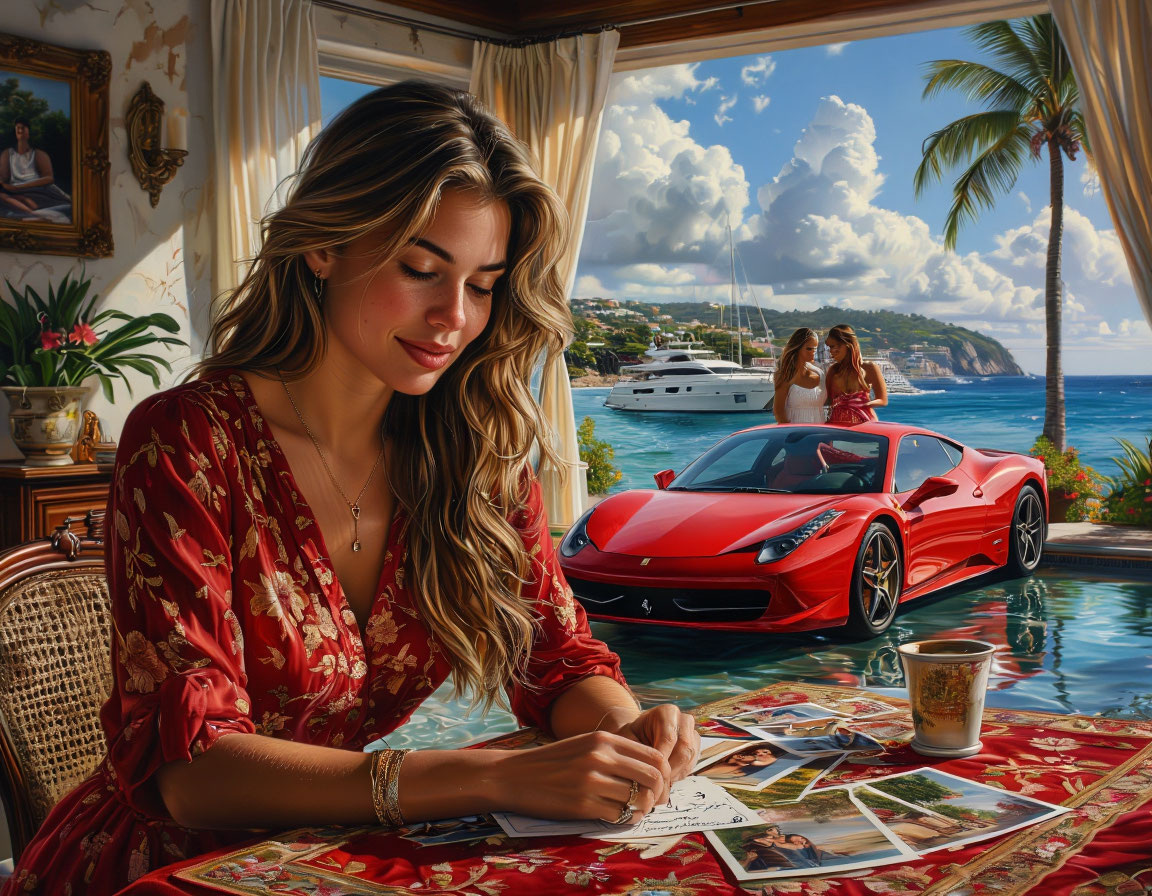 Девушка, создаёт карту желаний и представляет, что у неё будет. Создано ИИ.