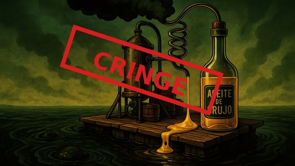 Тёмное озеро alperujo с плавающим понтоном-химлабораторией: из трубы валит дым, по лотку капает янтарное масло; саркастическая аллегория “делать конфетку из отходов.