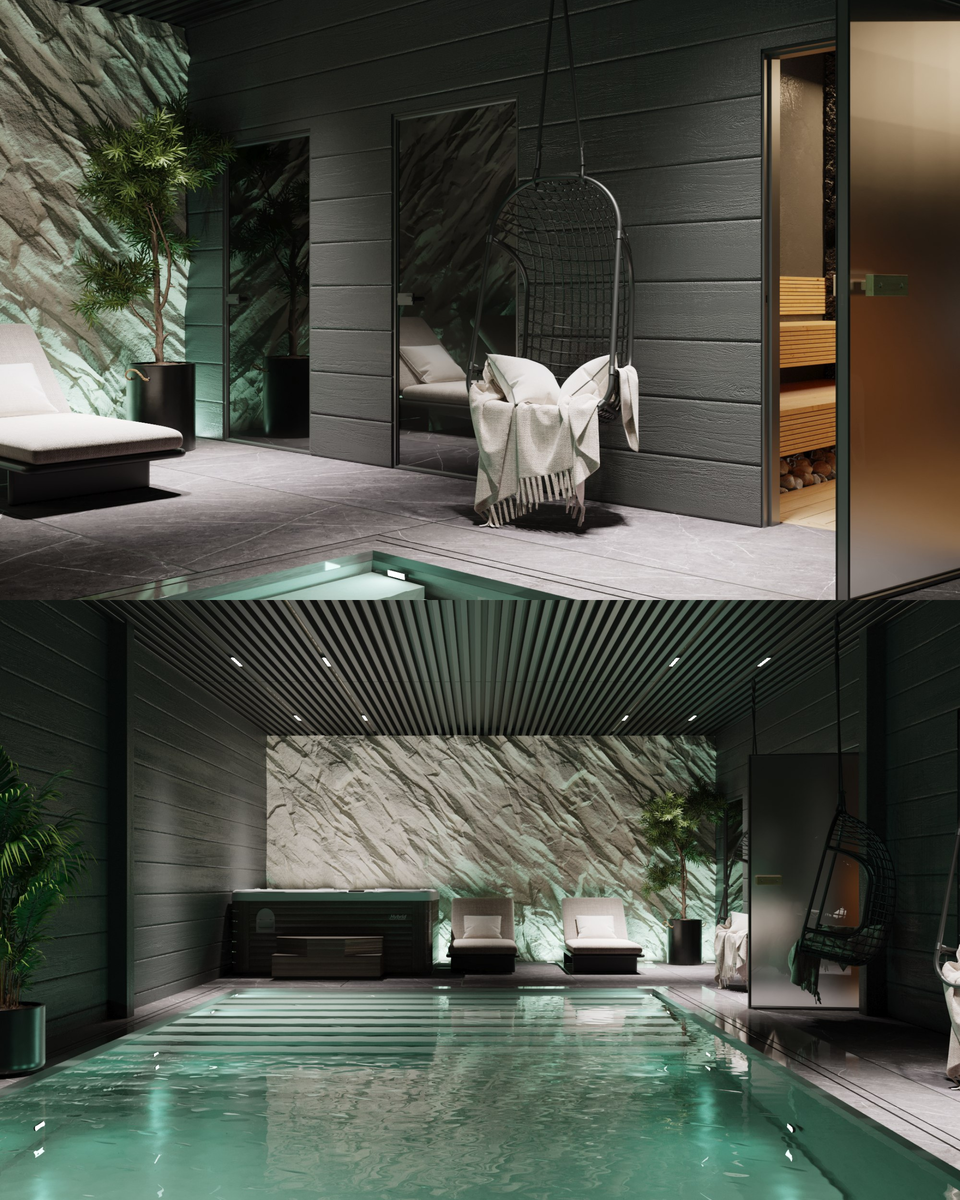 Заказчик обратился к нам за строительством бассейна в подмосковном доме. Проект вырос в полноценный спа-комплекс площадью 130 м² после того, как супруги нашли идеальное решение: новая машина для мужа и готовый спа-комплекс для жены.

Мы создали индивидуальное пространство с пятью функциональными зонами:
• Бассейн с щелевым переливом в «пещерной» атмосфере с темным потолком и каменными слэбами
• Хаммам с черной мозаикой, душевой системой и «звездным небом» на потолке
• Зона отдыха с гидромассажной ванной
• Комната релакса

Отделка выполнена в строгой цветовой гамме с использованием керамогранита под мрамор, что создает современный минималистичный образ с акцентами роскоши.

Каждый новый проект — уникальная история. Подпишитесь, чтобы не пропустить ни одной детали и черпать вдохновение вместе с нами!🤍