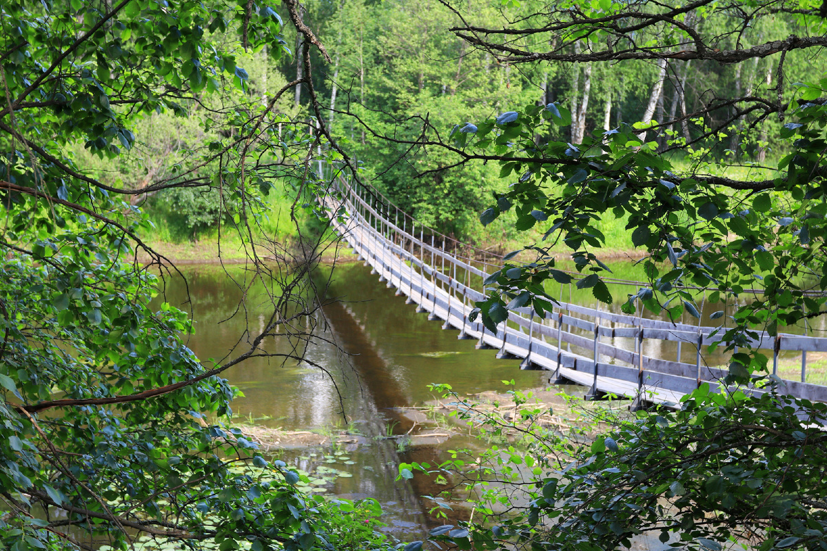 Весьма живописный подвесной пешеходный мостик через реку Миасс в посёлке Наилы