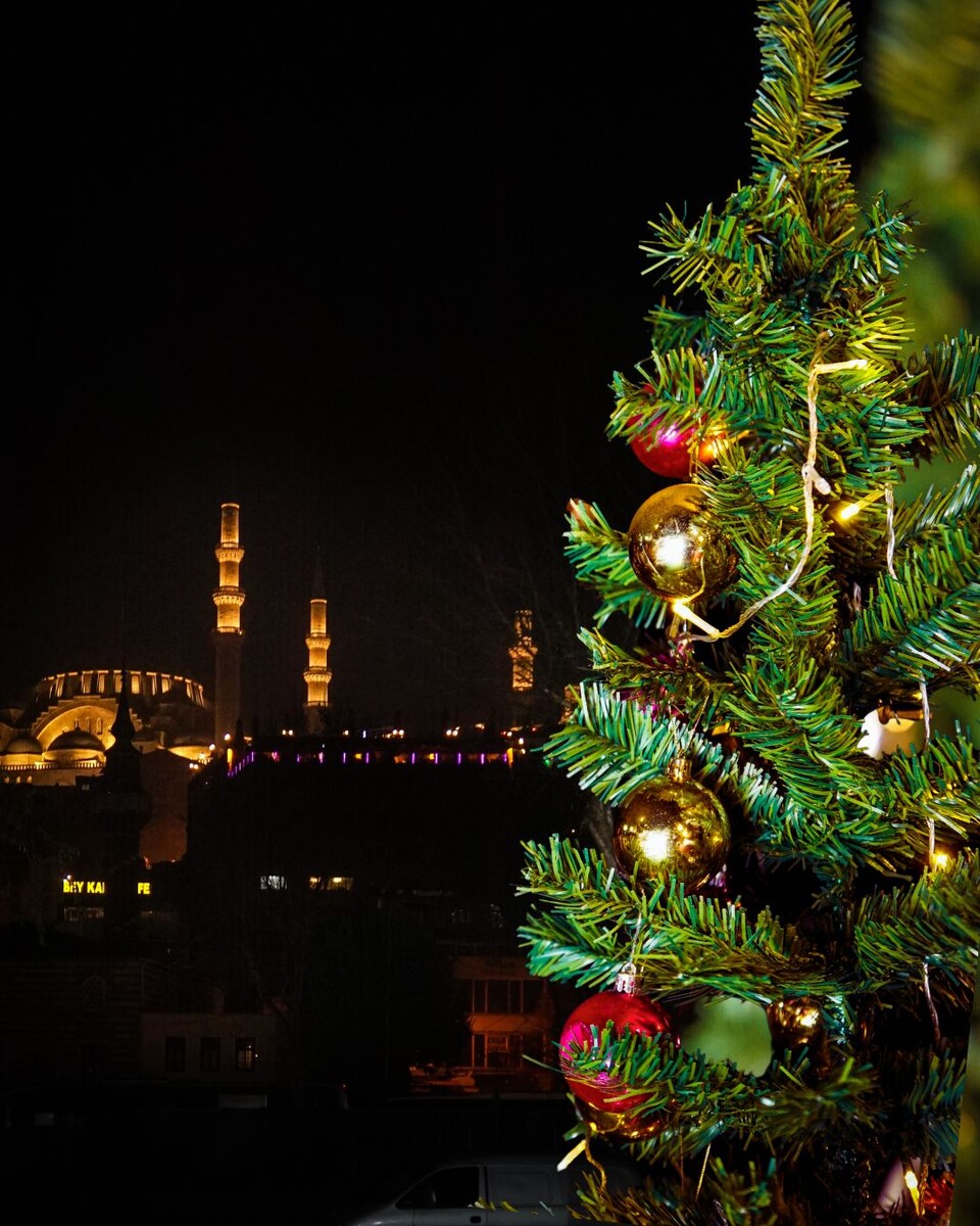 Елка на яхте с видом на мечеть Нуросмание. Таких контрастов в мире больше не найти.